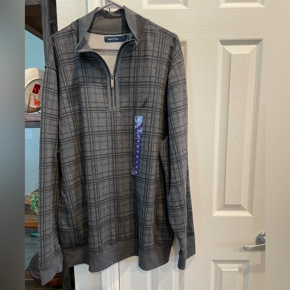 Nautica 1/4 Zip long Sleeve Gray black Plaid pullover fleece sweatshirt XXL NEW
